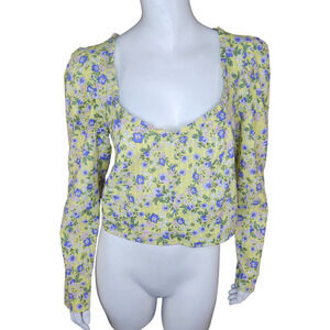 NWT Topshop Womens Size 8 Green Purple Floral Puff Sleeve Cropped Blouse Ruffle